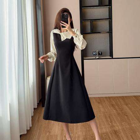 FA44143# 法式赫本风富家千金假两件黑色连衣裙女新款A字裙 服裝批發女裝批發服飾貨源