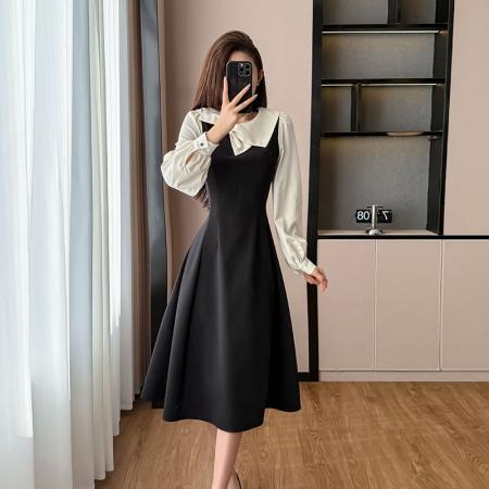 FA44143# 法式赫本风富家千金假两件黑色连衣裙女新款A字裙 服裝批發女裝批發服飾貨源