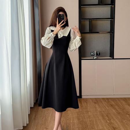 FA44143# 法式赫本风富家千金假两件黑色连衣裙女新款A字裙 服裝批發女裝批發服飾貨源