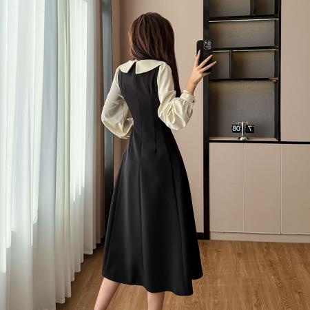 FA44143# 法式赫本风富家千金假两件黑色连衣裙女新款A字裙 服裝批發女裝批發服飾貨源