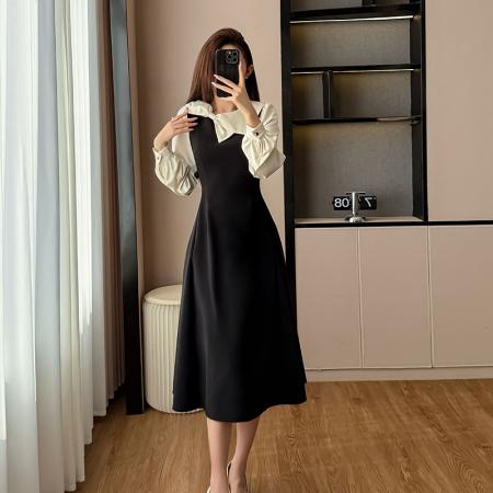 FA44143# 法式赫本风富家千金假两件黑色连衣裙女新款A字裙 服裝批發女裝批發服飾貨源