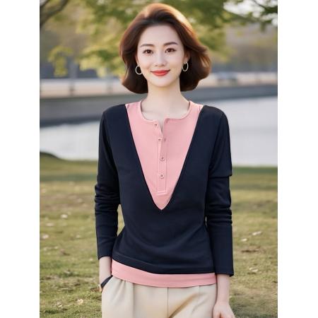 FA44151# 假两件长袖t恤打底衫女新款今年流行爆款时尚洋气早秋季上衣 服裝批發女裝批發服飾貨源