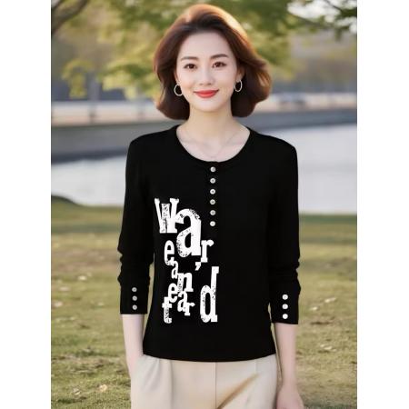 FA44156# 时尚大码长袖t恤女春秋季新款装显瘦印花字母纽扣上衣吵 服裝批發女裝批發服飾貨源