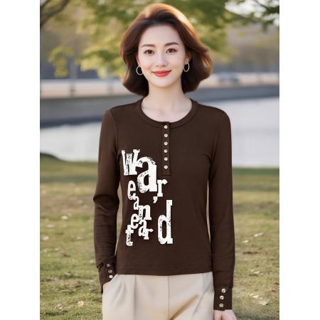 FA44156# 时尚大码长袖t恤女春秋季新款装显瘦印花字母纽扣上衣吵 服裝批發女裝批發服飾貨源