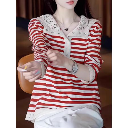 FA44161# 纯棉条纹蕾丝拼接帽衫长袖T恤女春秋新款超好看小众减龄上衣 服裝批發女裝批發服飾貨源