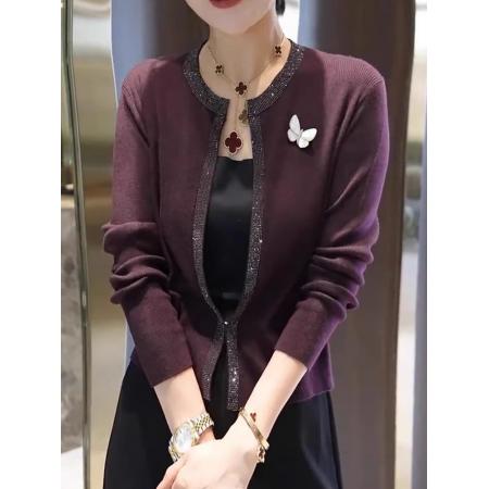 FA44163# 气质端庄紫色高级烫钻设计长袖针织开衫女秋季新款大码上衣潮 服裝批發女裝批發服飾貨源