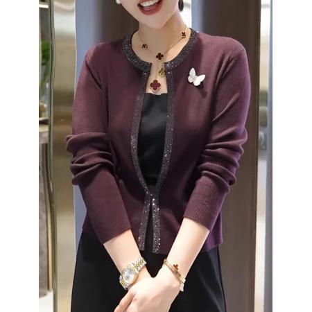 FA44163# 气质端庄紫色高级烫钻设计长袖针织开衫女秋季新款大码上衣潮 服裝批發女裝批發服飾貨源