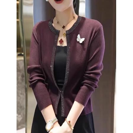 FA44163# 气质端庄紫色高级烫钻设计长袖针织开衫女秋季新款大码上衣潮 服裝批發女裝批發服飾貨源