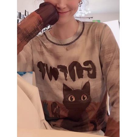 FA44167# 美拉德色系猫咪印花网纱长袖秋季新款上衣高级感轻奢减龄洋气 服裝批發女裝批發服飾貨源