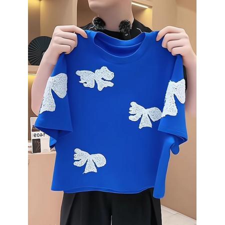 欧货小众设计师刺绣圆领短款减龄百搭宽松撞色T恤女夏季洋气上衣 服裝批發女裝批發服飾貨源