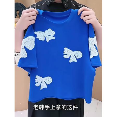 FA44170# 欧货小众设计师刺绣圆领短款减龄百搭宽松撞色T恤女夏季洋气上衣 服裝批發女裝批發服飾貨源
