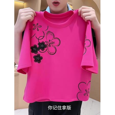 FA44171# 纯棉玫红色印花短袖上衣夏季爆款时尚休闲小众高级感T恤女士 服裝批發女裝批發服飾貨源