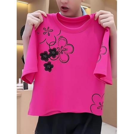 FA44171# 纯棉玫红色印花短袖上衣夏季爆款时尚休闲小众高级感T恤女士 服裝批發女裝批發服飾貨源