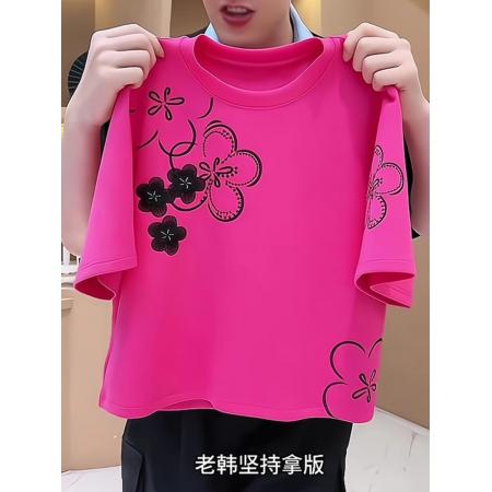 FA44171# 纯棉玫红色印花短袖上衣夏季爆款时尚休闲小众高级感T恤女士 服裝批發女裝批發服飾貨源
