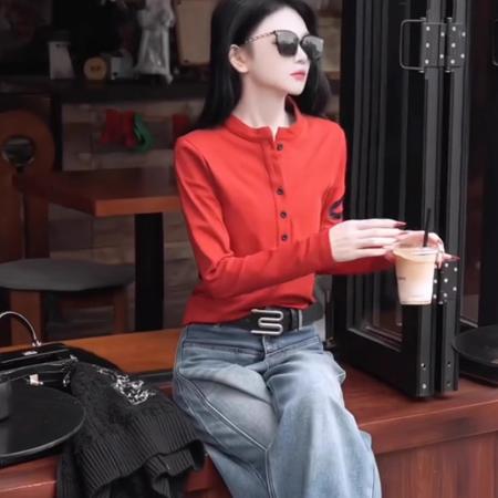 FA44173# 春秋季新款女士蛇年刺绣长袖T恤休闲百搭显瘦设计感独特上衣 服裝批發女裝批發服飾貨源