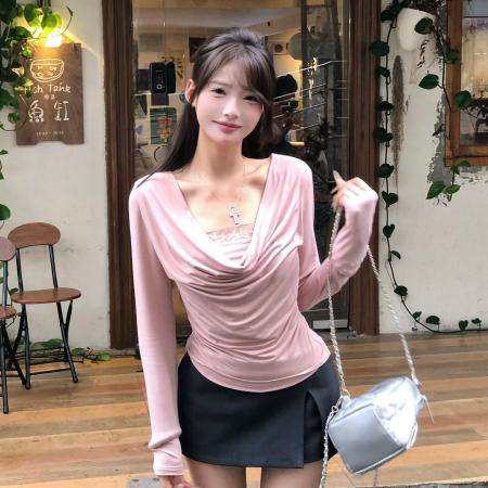 FA44176# 粉色长袖T恤早秋新款女显瘦修身纯欲风性感荡领上衣 服裝批發女裝批發服飾貨源