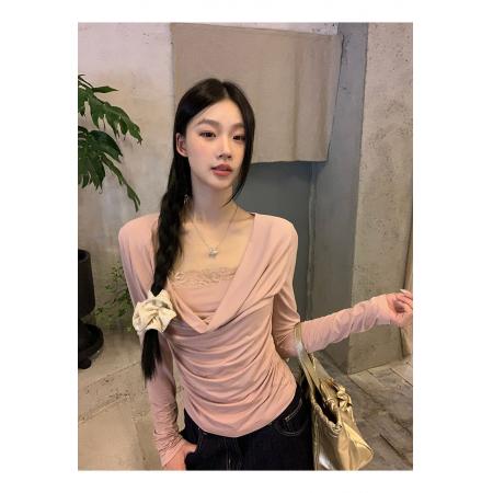 FA44176# 粉色长袖T恤早秋新款女显瘦修身纯欲风性感荡领上衣 服裝批發女裝批發服飾貨源