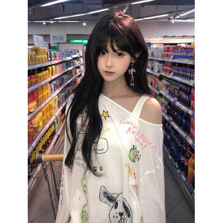 FA44178# 涂鸦印花斜领长袖t恤女夏季薄款防晒罩衫独特漂亮斜肩上衣ins 服裝批發女裝批發服飾貨源