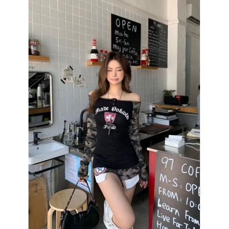 FA44179# 美式复古迷彩拼接长袖防晒T恤女秋季辣妹修身显瘦短款一字肩上衣 服裝批發女裝批發服飾貨源