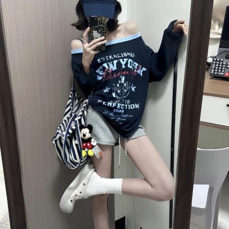 FA44180# 慵懒风露肩蓝色长袖T恤女早秋款宽松显瘦百搭防晒罩衫 服裝批發女裝批發服飾貨源
