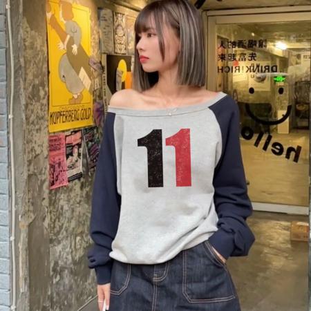 FA44181# 牛角柚插色CVC罗口后包领露肩斜肩卫衣女 服裝批發女裝批發服飾貨源