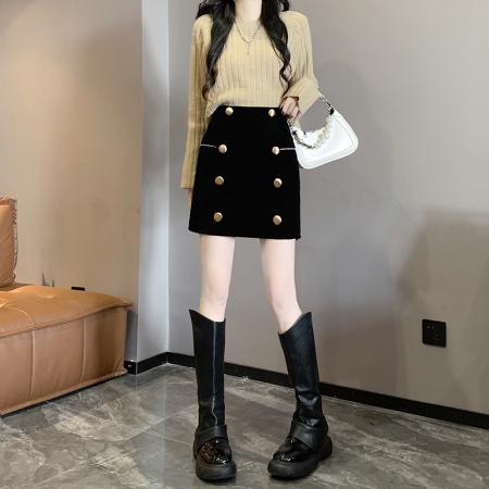 FA44203# 秋冬韩版时尚修身A字裙高腰显瘦减龄金丝绒半身裙大码 服裝批發女裝批發服飾貨源