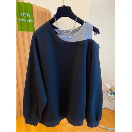 FA44213# 原版质量特大码300斤假两件斜肩露肩卫衣女秋季款上衣 服裝批發女裝批發服飾貨源