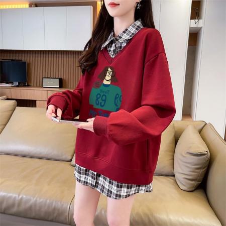 FA44214# 后包领斜纹上衣薄款POLO领格子假两件卫衣长袖男女 服裝批發女裝批發服飾貨源