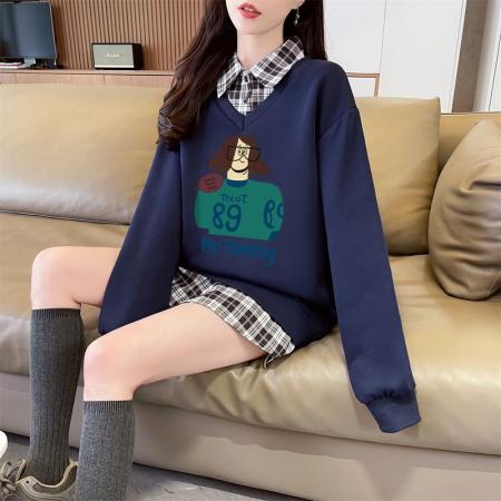 FA44214# 后包领斜纹上衣薄款POLO领格子假两件卫衣长袖男女 服裝批發女裝批發服飾貨源