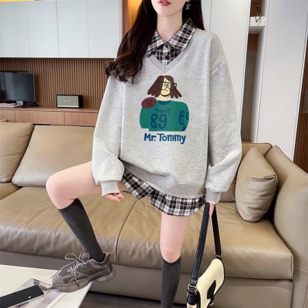 FA44214# 后包领斜纹上衣薄款POLO领格子假两件卫衣长袖男女 服裝批發女裝批發服飾貨源