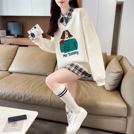 FA44214# 后包领斜纹上衣薄款POLO领格子假两件卫衣长袖男女 服裝批發女裝批發服飾貨源