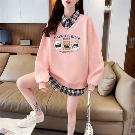 FA44215# 后包领斜纹上衣薄款POLO领格子假两件卫衣长袖男女 服裝批發女裝批發服飾貨源