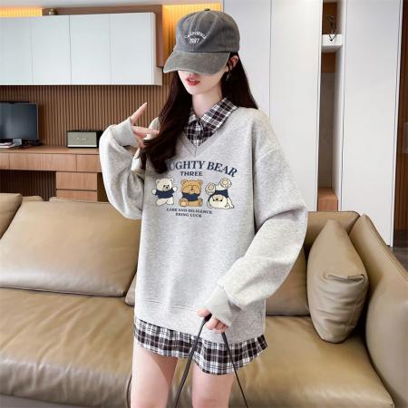FA44215# 后包领斜纹上衣薄款POLO领格子假两件卫衣长袖男女 服裝批發女裝批發服飾貨源