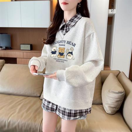 FA44215# 后包领斜纹上衣薄款POLO领格子假两件卫衣长袖男女 服裝批發女裝批發服飾貨源