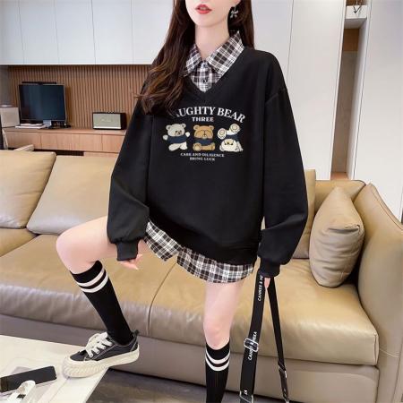 FA44215# 后包领斜纹上衣薄款POLO领格子假两件卫衣长袖男女 服裝批發女裝批發服飾貨源