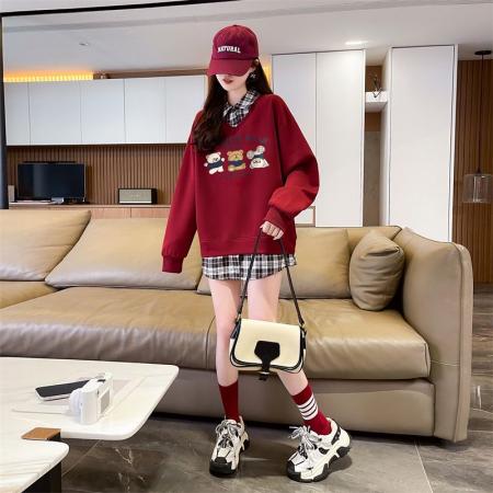 FA44215# 后包领斜纹上衣薄款POLO领格子假两件卫衣长袖男女 服裝批發女裝批發服飾貨源