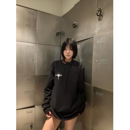 FA44217# 原版刺绣32支双纱秋冬季宽松长袖撞色圆领上衣 服裝批發女裝批發服飾貨源