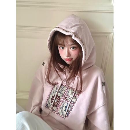 FA44218# 加绒加厚原版做法重工刺绣定制罗口纯棉华棉连帽卫衣女 服裝批發女裝批發服飾貨源