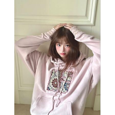 FA44218# 加绒加厚原版做法重工刺绣定制罗口纯棉华棉连帽卫衣女 服裝批發女裝批發服飾貨源