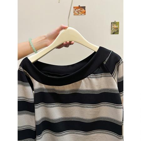 FA44219# 原版质量美式小个子条纹斜肩露肩辣妹长袖t恤女早秋季 服裝批發女裝批發服飾貨源