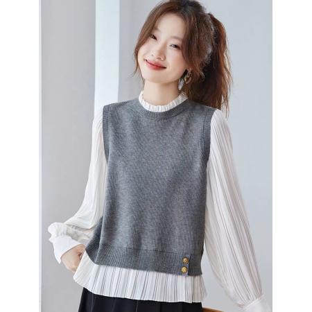 FA44222# 假两件衬衫拼接针织衫女秋季新款设计感超火减龄长袖上衣 服裝批發女裝批發服飾貨源