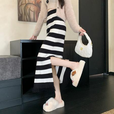 FA44224# 针织条纹流苏开叉半身长裙子早秋新款气质长裙包臀直筒毛线裙 服裝批發女裝批發服飾貨源