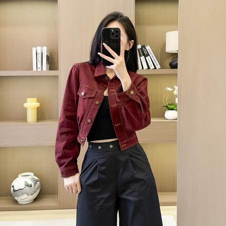FA44228# 秋季设计感美式红色牛仔短外套女宽松chic休闲港风夹克 服裝批發女裝批發服飾貨源