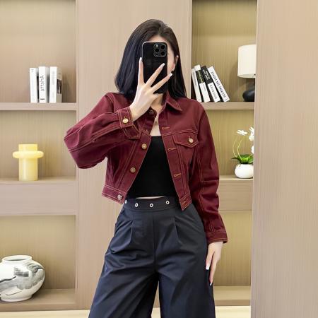 FA44228# 秋季设计感美式红色牛仔短外套女宽松chic休闲港风夹克 服裝批發女裝批發服飾貨源