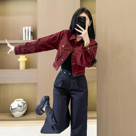 FA44228# 秋季设计感美式红色牛仔短外套女宽松chic休闲港风夹克 服裝批發女裝批發服飾貨源