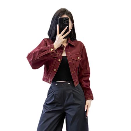 FA44228# 秋季设计感美式红色牛仔短外套女宽松chic休闲港风夹克 服裝批發女裝批發服飾貨源