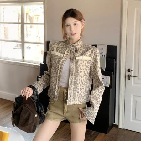 FA44233# 美式复古豹纹机车夹克外套女秋季小个子做旧定染立领短款开衫上衣 服裝批發女裝批發服飾貨源