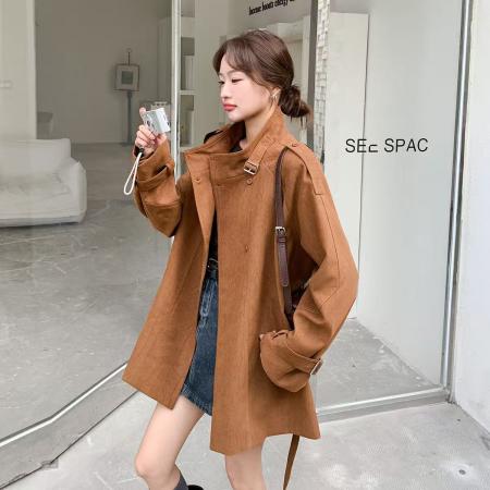 FA44234# 咖色工装风衣外套女秋季新款美拉德穿搭短款小个子麂皮绒大衣 服裝批發女裝批發服飾貨源