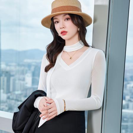 FA44237# 修身显瘦V领打底衫女秋季新款设计感小众气质女神范内搭上衣 服裝批發女裝批發服飾貨源
