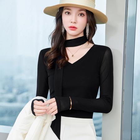 FA44237# 修身显瘦V领打底衫女秋季新款设计感小众气质女神范内搭上衣 服裝批發女裝批發服飾貨源